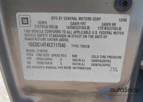 1999 Chevrolet Silverado 1500 Ls from USA, damaged, VIN 1GCEC14T4XZ117545